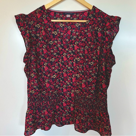 Tommy Hilfiger Cap Sleeve Smocked Waist Blouse Red Navy XL - Picture 6 of 7